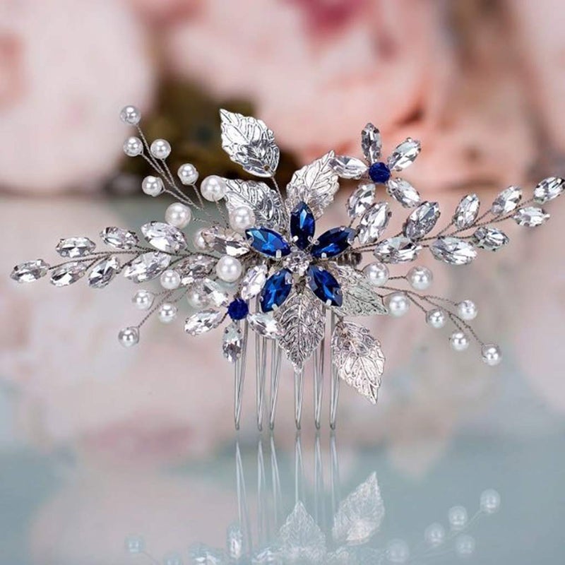 Olbye Wedding Hair Comb Blue Rhinestone Bridal Hair Accessories for Bride and Bridesmaids Wedding Hair Piece Silver - Image 1